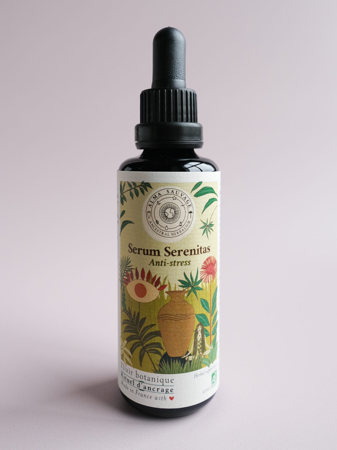 Elixir anti-stress adaptogène pour le calme, la détente et la sérénité, cedrón verveine citronnelle Aloysia citrodora scutellaire skullcap Scutellaria lateriflora ashwagandha Withania somnifera toronjil Mélisse Melissa officinalis tulsi basilic sacré Ocimum tenuiflorum gotu kola Centella asiatica jiaogulan herbe de l'immortalité Gynostemma pentaphyllum