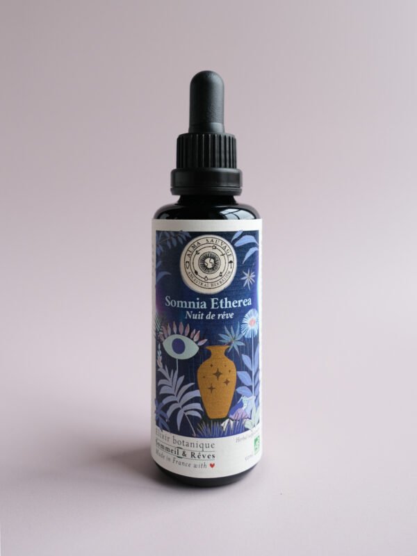 Somnia Etherea Elixir pour le sommeil et contre l'insomnie, pavot de Californie Eschscholzia californica passiflore Passiflora incarnata tulsi basilic sacré Ocimum tenuiflorum scutellaire Scutellaria lateriflora skullcap cedrón Aloysia citrodora verveine citronnelle toronjil Mélisse Melissa officinalis