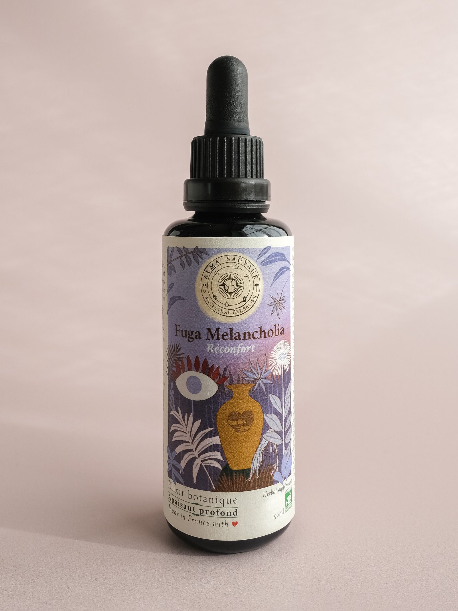 Elixir réconfort, apaise anxiété et angoisses profondes, anti-dépresseur, anxiolytique, millepertuis Hypericum perforatum toronjil Mélisse Melissa officinalis curcuma Curcuma longa passiflore Passiflora incarnata cedrón verveine citronnelle Aloysia citrodora mao bo he cataire Nepeta cataria scutellaire skullcap Scutellaria lateriflora