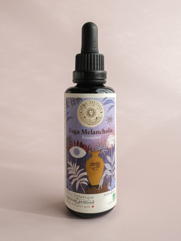 Fuga Melancholia Elixir réconfort, apaise anxiété et angoisses profondes, anti-dépresseur, anxiolytique, millepertuis Hypericum perforatum toronjil Mélisse Melissa officinalis curcuma Curcuma longa passiflore Passiflora incarnata cedrón verveine citronnelle Aloysia citrodora mao bo he cataire Nepeta cataria scutellaire skullcap Scutellaria lateriflora