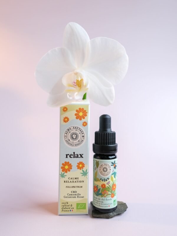 Relax Huile de CBD bio française Détente Relaxation Huile de cbd bio française Relax Détente Relaxant Calme Stress Anxiété Apaisant camomille geranium rosat full spectrum spectre complet entourage naturelle Made In France
