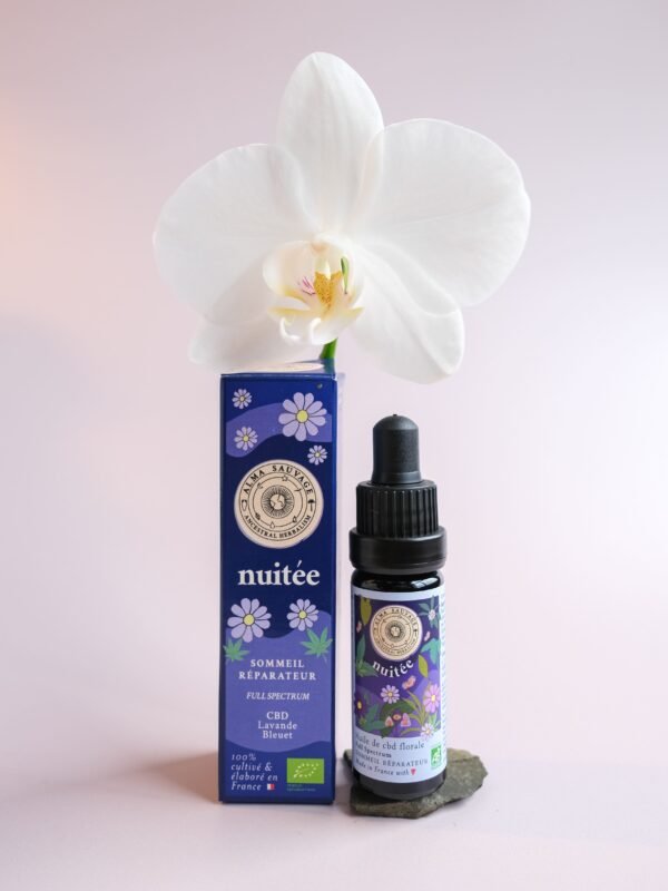 Nuitée Huile de CBD Sommeil Nuit Huile de cbd bio française Nuit Sommeil Insomnie lavande bleuet full spectrum spectre complet entourage naturelle Made In France