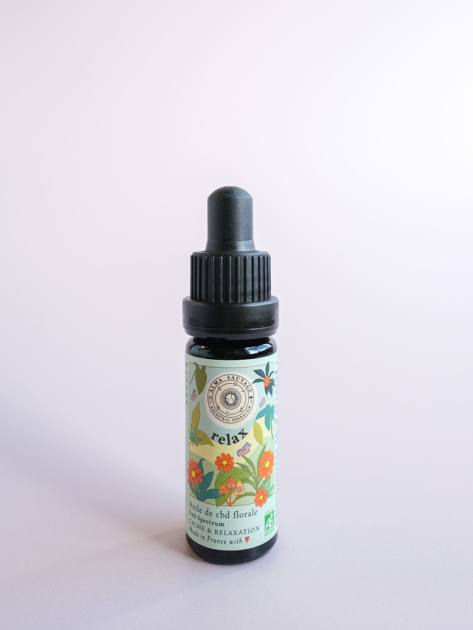 Huile de cbd bio française Relax Détente Relaxant Calme Stress Anxiété Apaisant camomille geranium rosat full spectrum spectre complet entourage naturelle Made In France